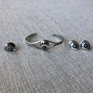 Silver & turquoise bear paw bracelet, earring, pin